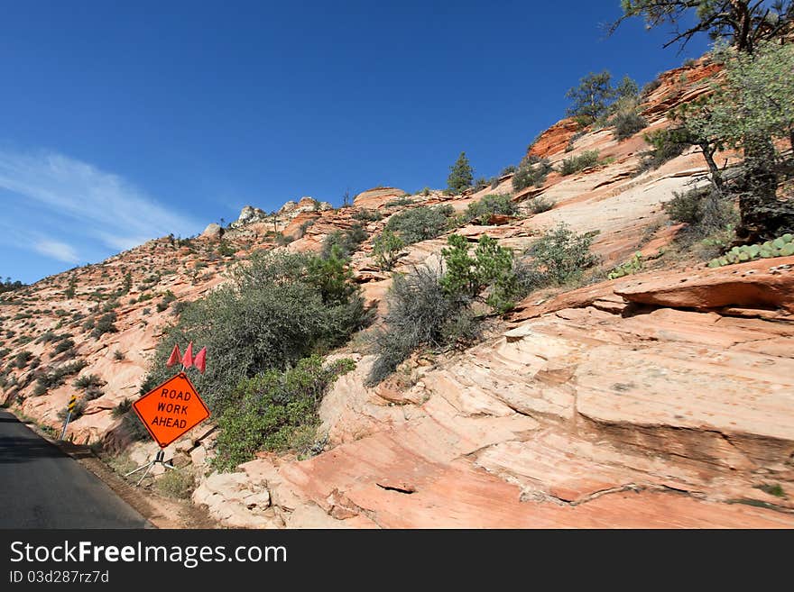 Road construction area in Zion National Park. Road construction area in Zion National Park