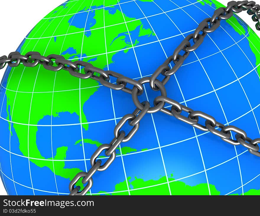 Abstract 3d illustration of earth locked with chains. Abstract 3d illustration of earth locked with chains