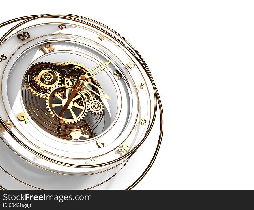 Abstract 3d illustration of clock mechanism background, white colors. Abstract 3d illustration of clock mechanism background, white colors