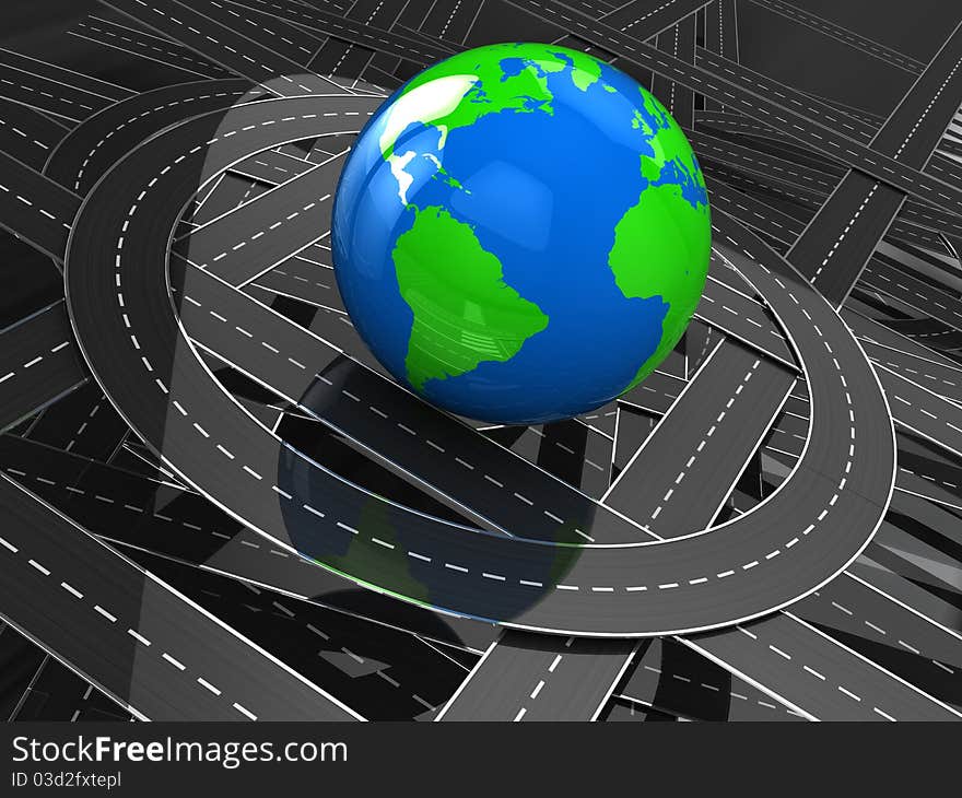 Abstract 3d illustration of many roads around earth globe. Abstract 3d illustration of many roads around earth globe