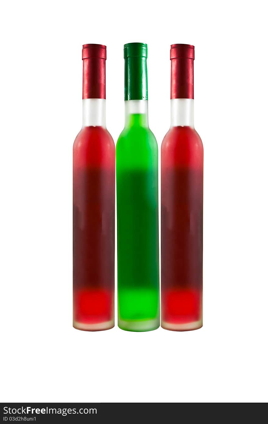 Green and Red wine bottles isolated on white.