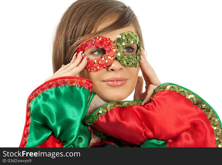 Portrait of pretty girl with colorful mask