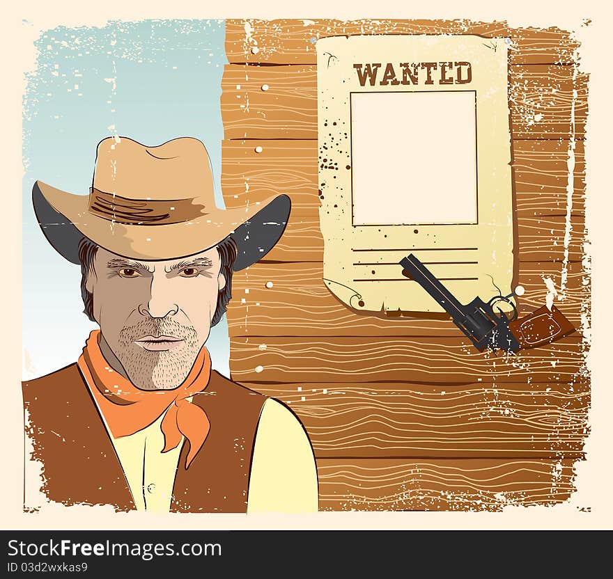 Cowboy and gun. Grunge image with wanted paper