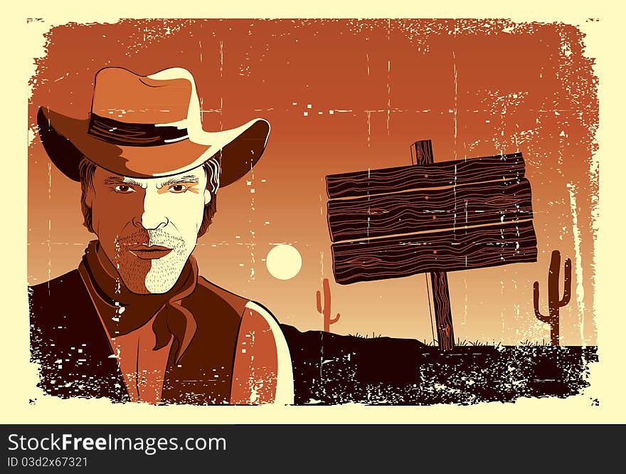 Portrait of cowboy man.Vector grunge western poster background