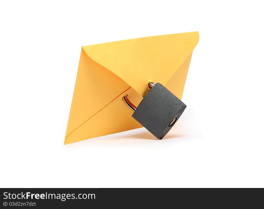 Yellow paper envelope attached with padlock. Isolated on white with clipping path. Yellow paper envelope attached with padlock. Isolated on white with clipping path