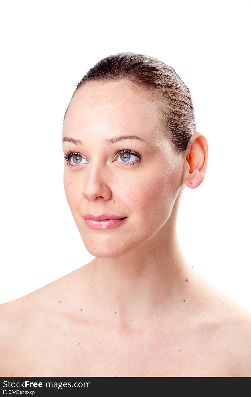 Close-up portrait of young woman with beautiful blue eyes with white background. Close-up portrait of young woman with beautiful blue eyes with white background