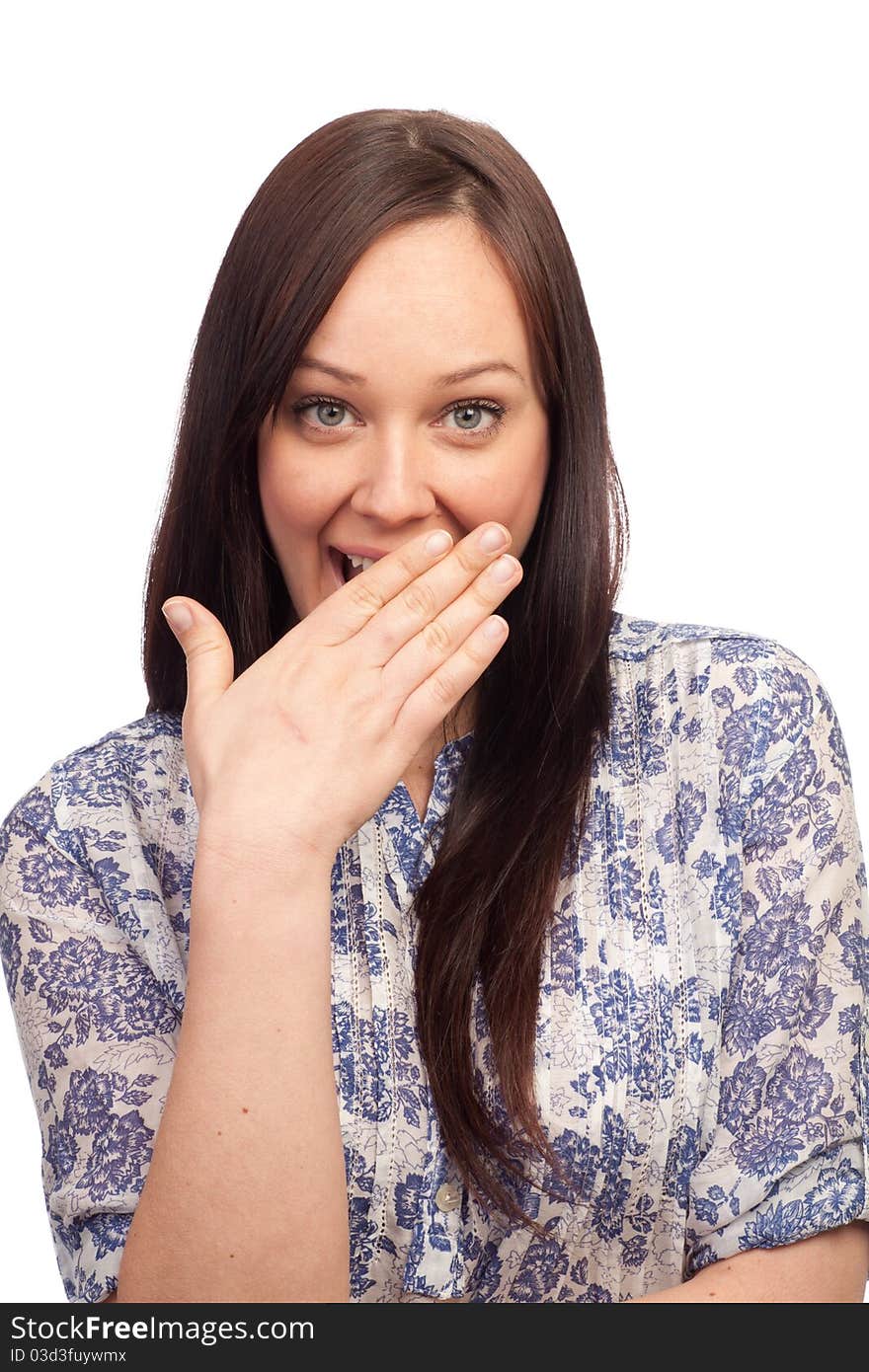 A beautiful young surprised woman. Isolated over white