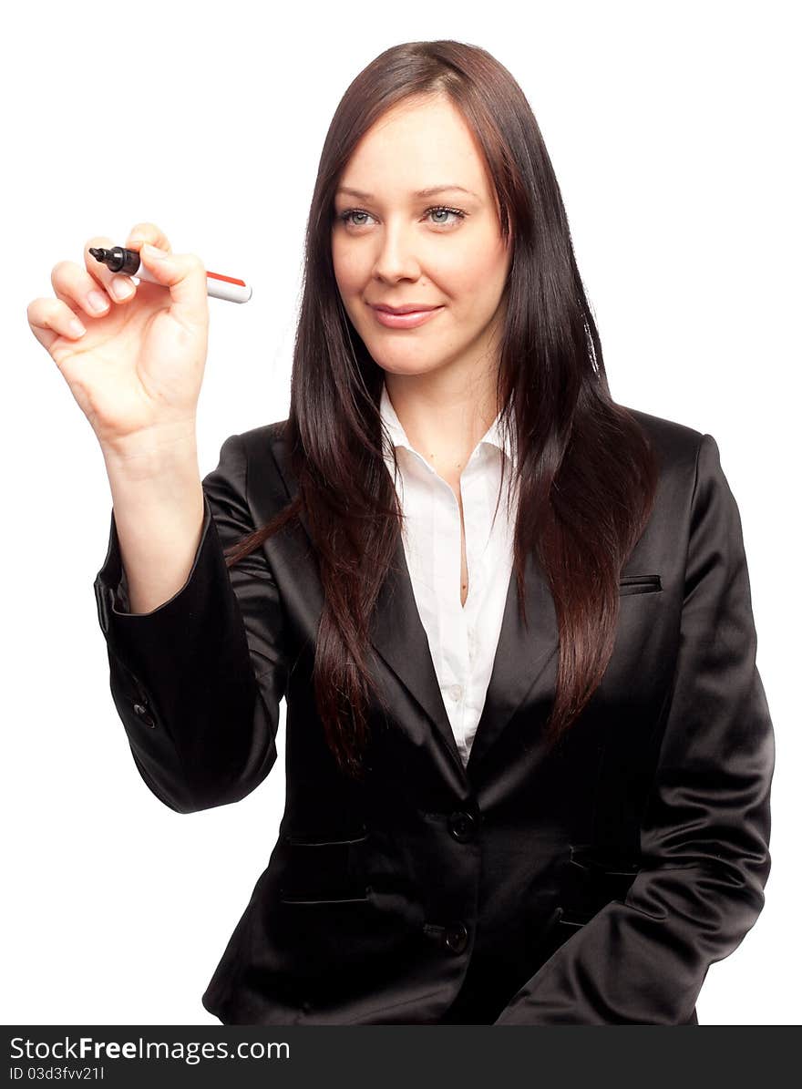 Elegant business woman writing with a black pen isolated on white