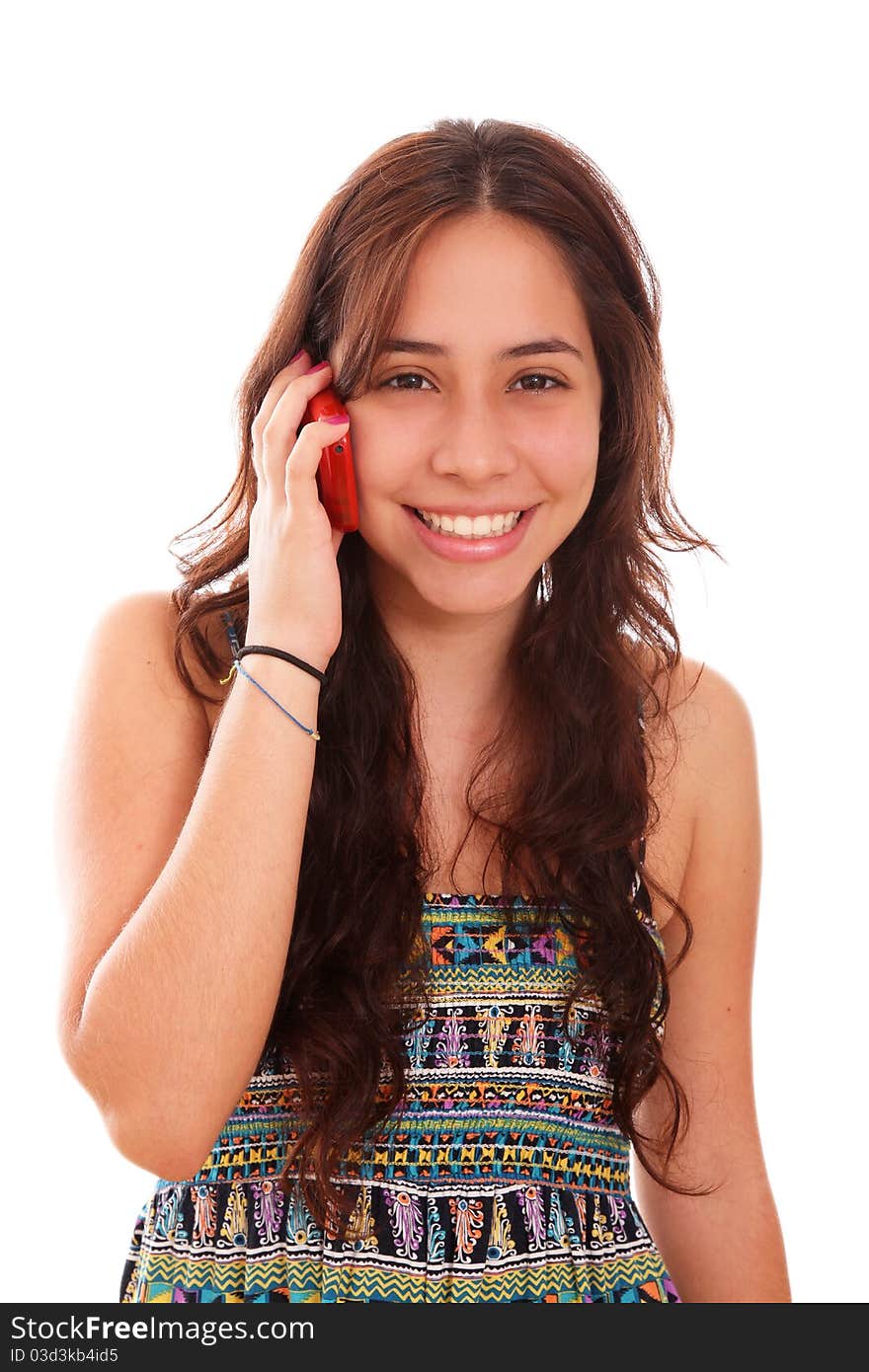 Happy woman talking on a cellphone with the face of emotion