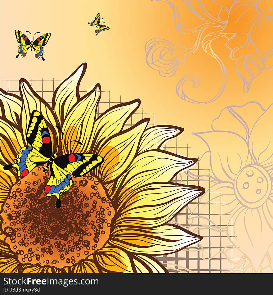 Abstract background with sunflower and butterflies