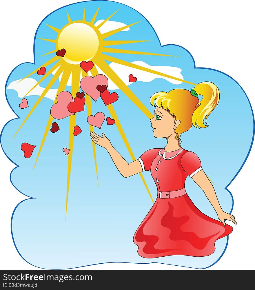 Girl with hearts on sky background