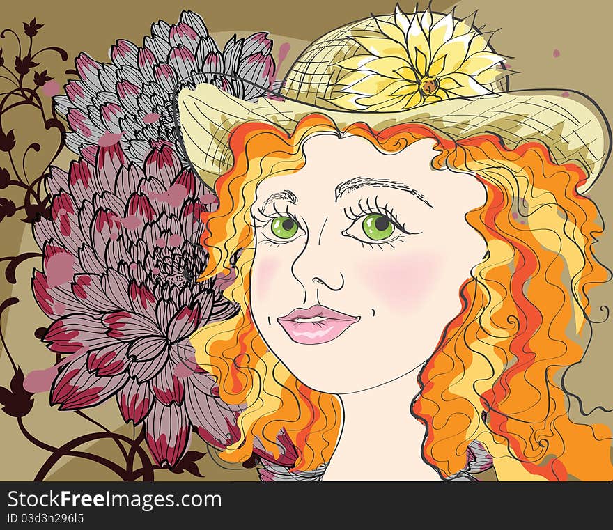 Young girl in hat on floral background