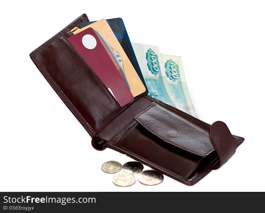 Open wallet with Russian rubles and credit cards. Open wallet with Russian rubles and credit cards