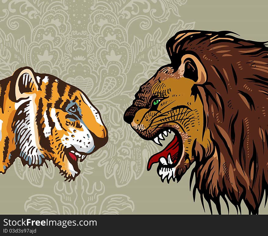 Tiger & Lion staring each other on gray background.