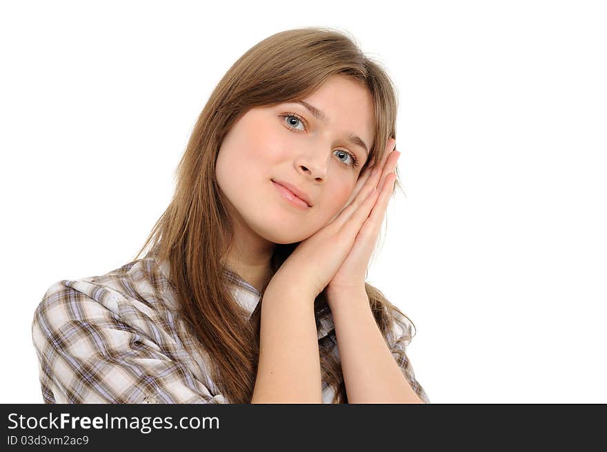 Cute young woman sleeping on hands