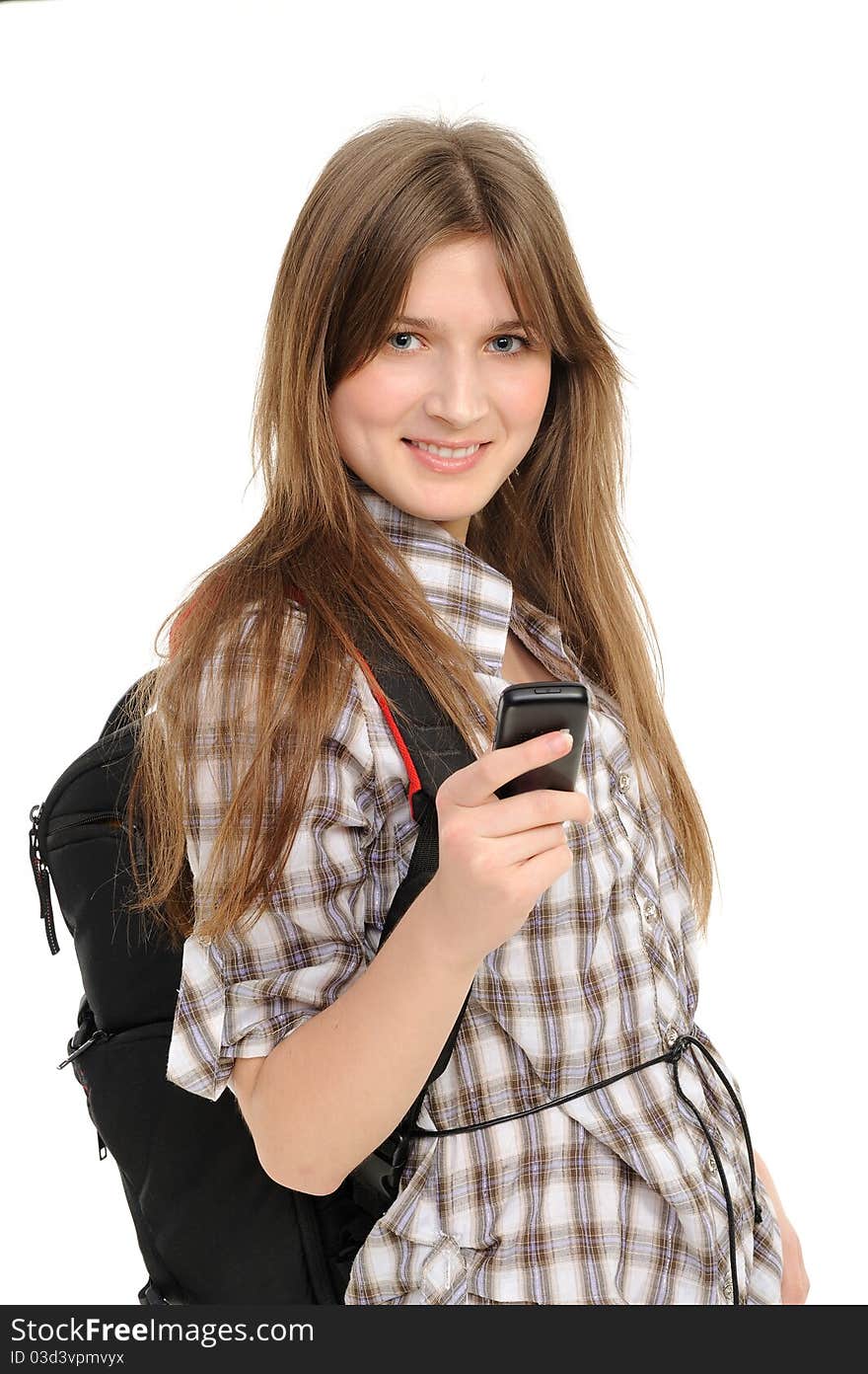 Young woman using cell phone isolated on white background