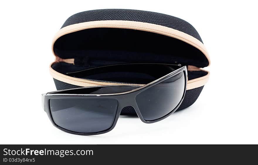 Sunglasses and case isolated on white background