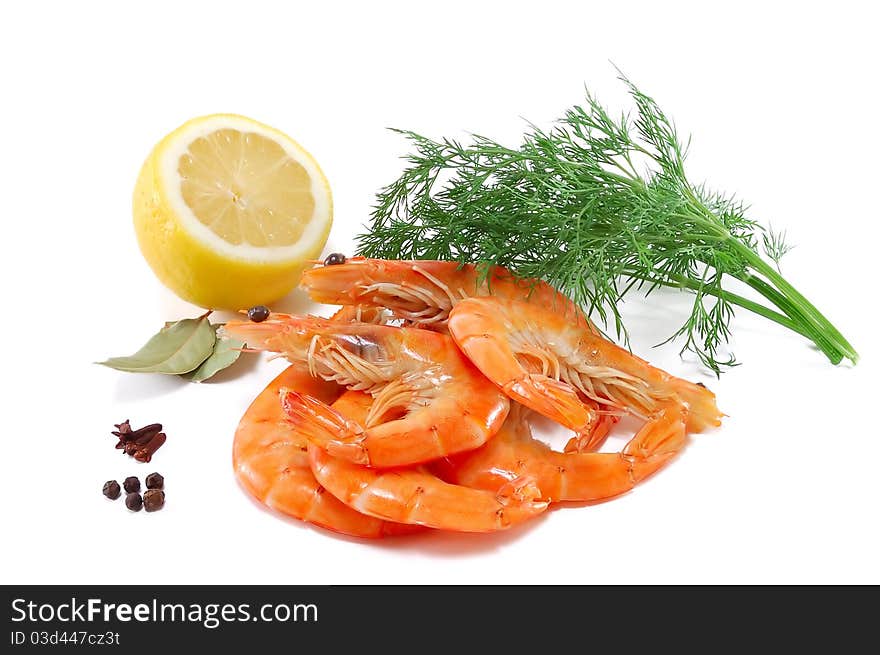 Shrimp, lemon, dill, black pepper, lemon isolated on white background. Shrimp, lemon, dill, black pepper, lemon isolated on white background