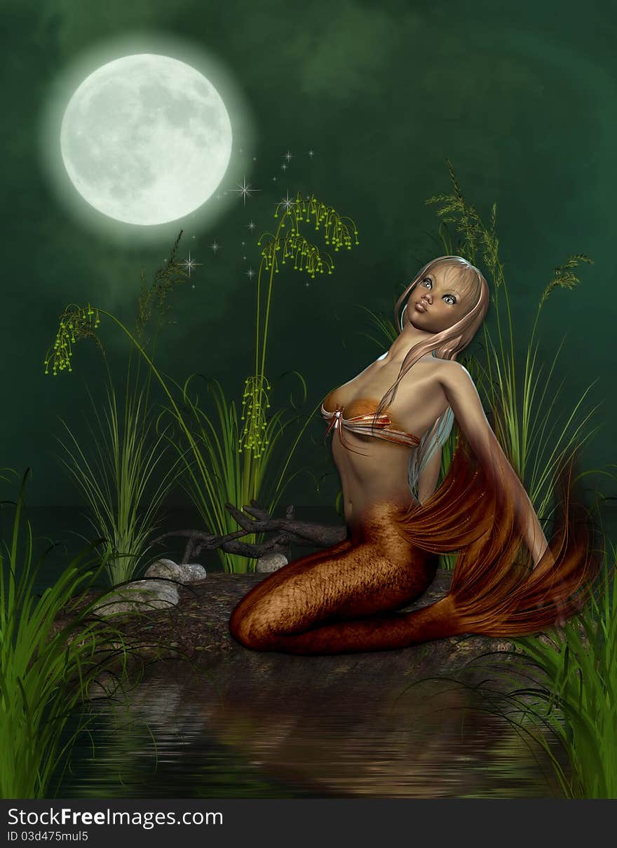 Illustration of a mermaid at night