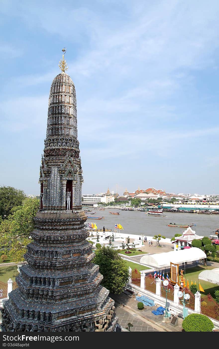 View from Top of Pagoda in the Wat Arun (Temple of the Dawn) is a Buddhist temple (wat) in the Bangkok Yai district of Bangkok, Thailand with blue sky and River background . View from Top of Pagoda in the Wat Arun (Temple of the Dawn) is a Buddhist temple (wat) in the Bangkok Yai district of Bangkok, Thailand with blue sky and River background .