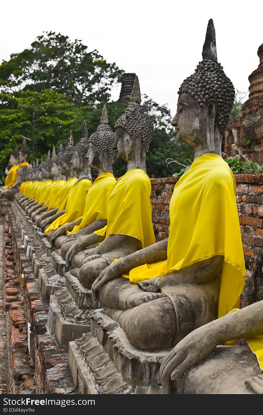 Row of Sacred Buddha images in Ayutthaya, Thailand