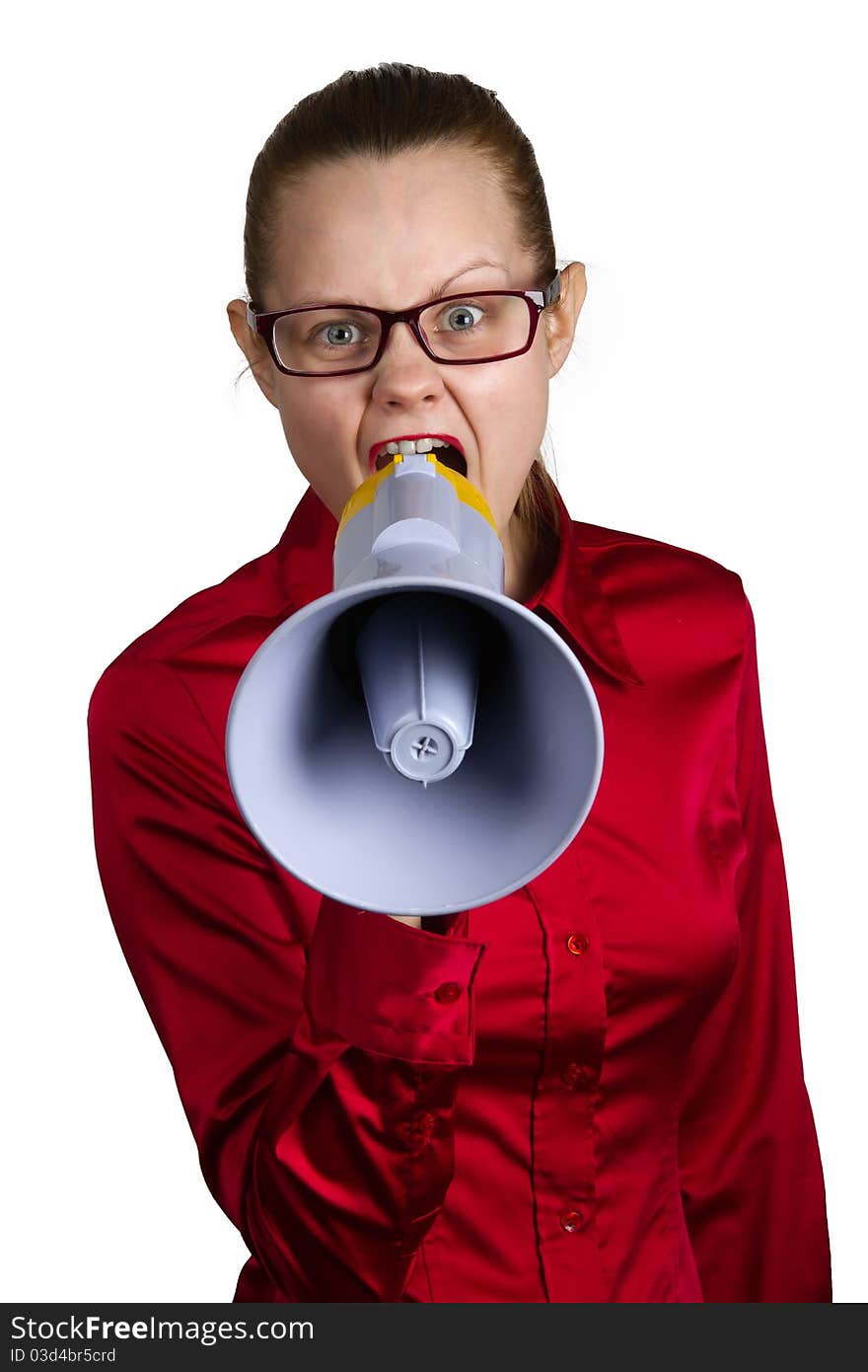 Screaming woman with megaphone. White background