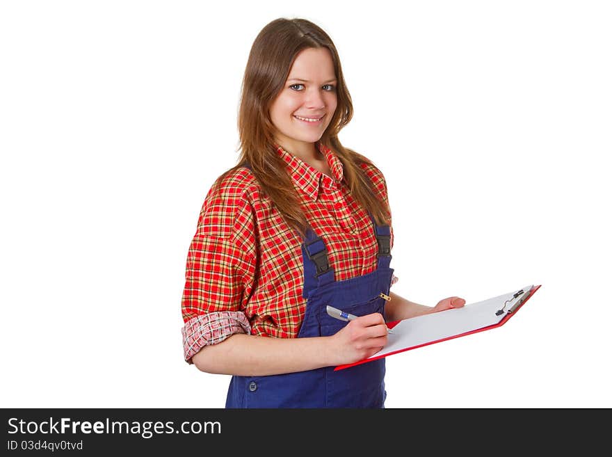 Young friendly craftswoman with clipboard isolated on white background. Young friendly craftswoman with clipboard isolated on white background