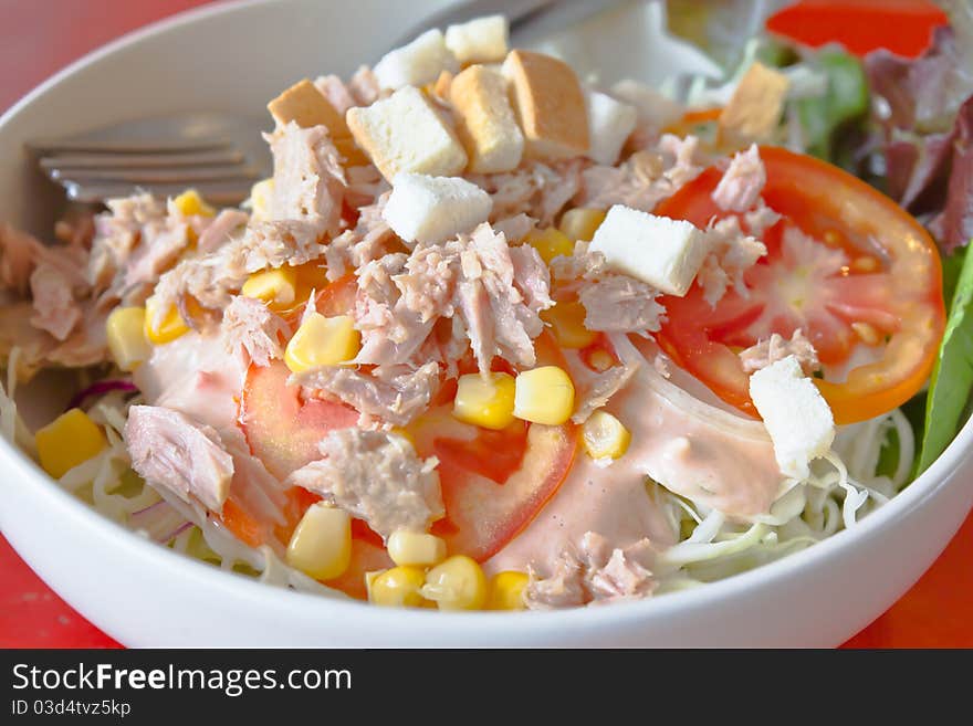 Tuna salad with vegetables on white bowl