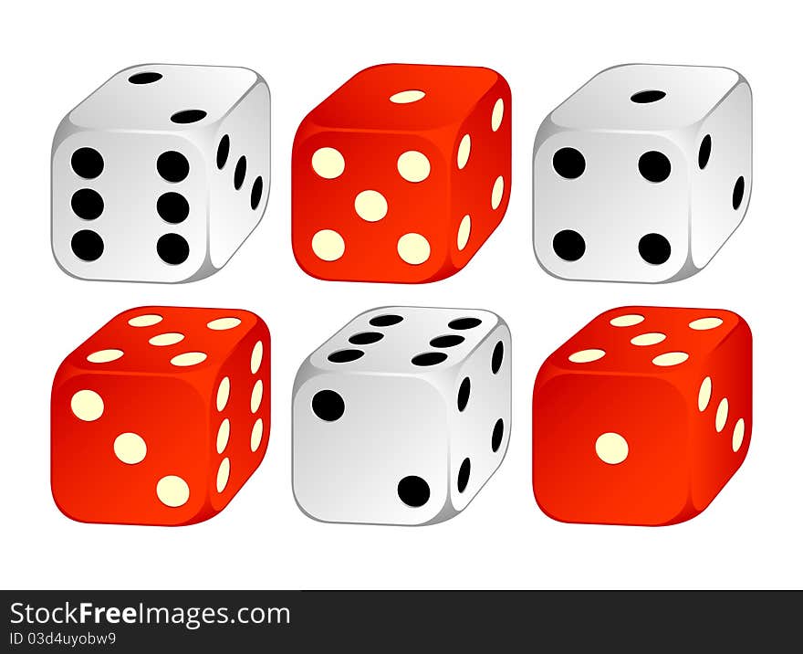 Playing cubes of white and red color on a white background. Playing cubes of white and red color on a white background.