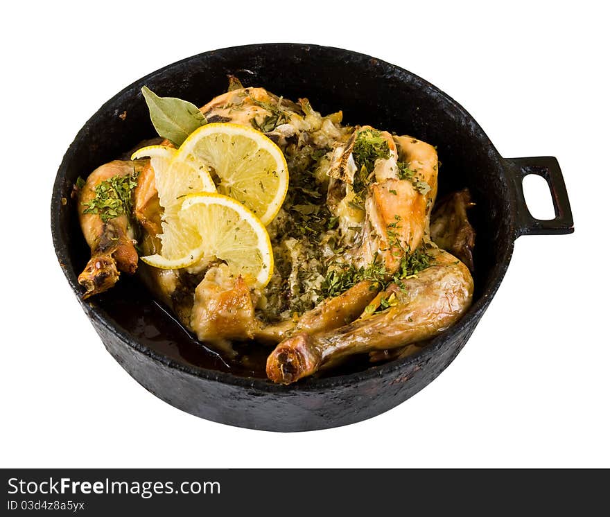 Baked chicken in a pan with a white background