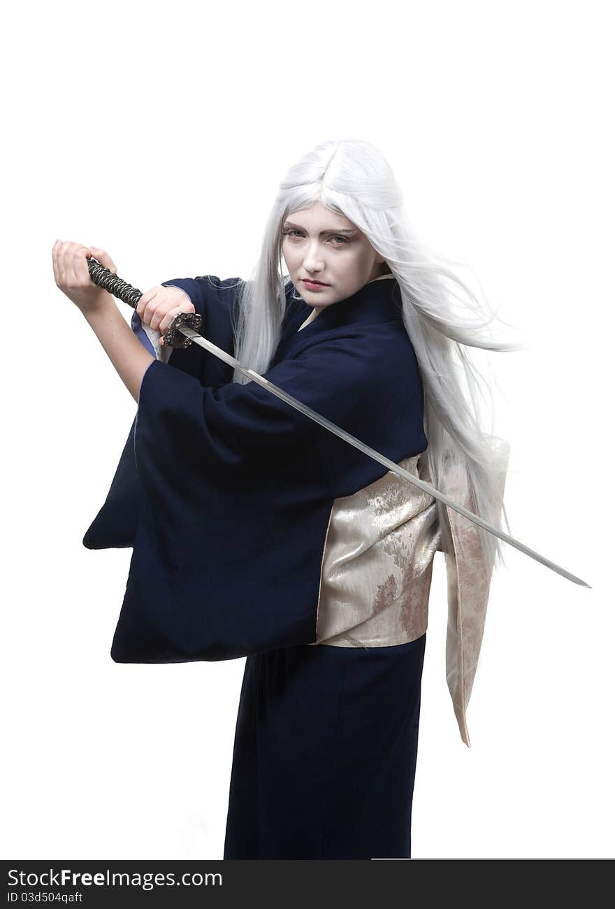 Deity with sword and flying grey hair - over white. Deity with sword and flying grey hair - over white