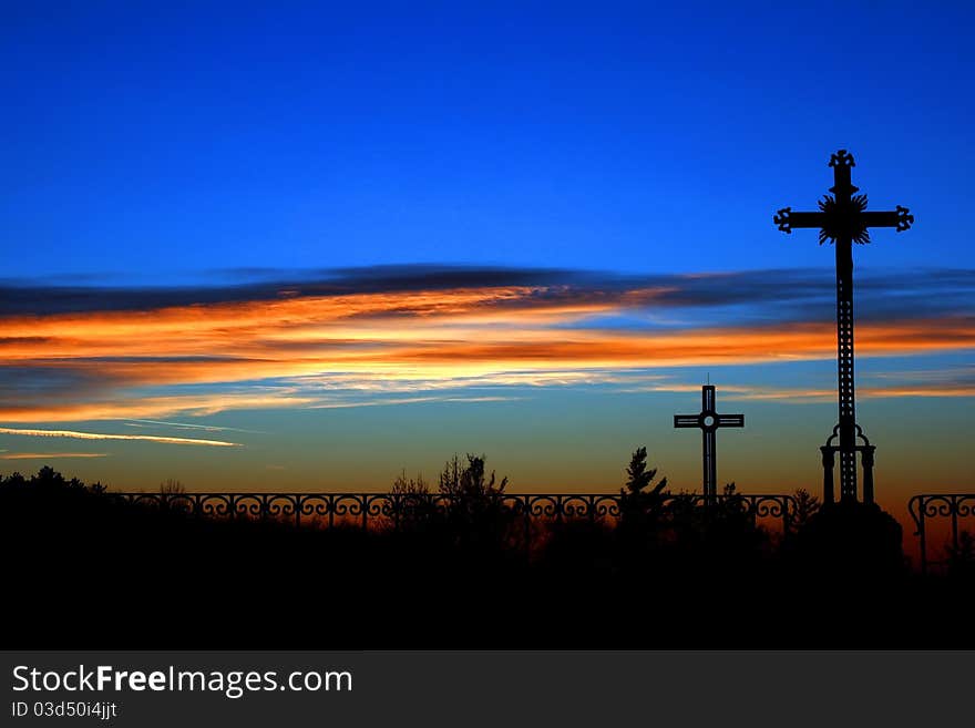 Crosses at sunset