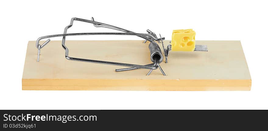 Mousetrap with cheese isolated on white background