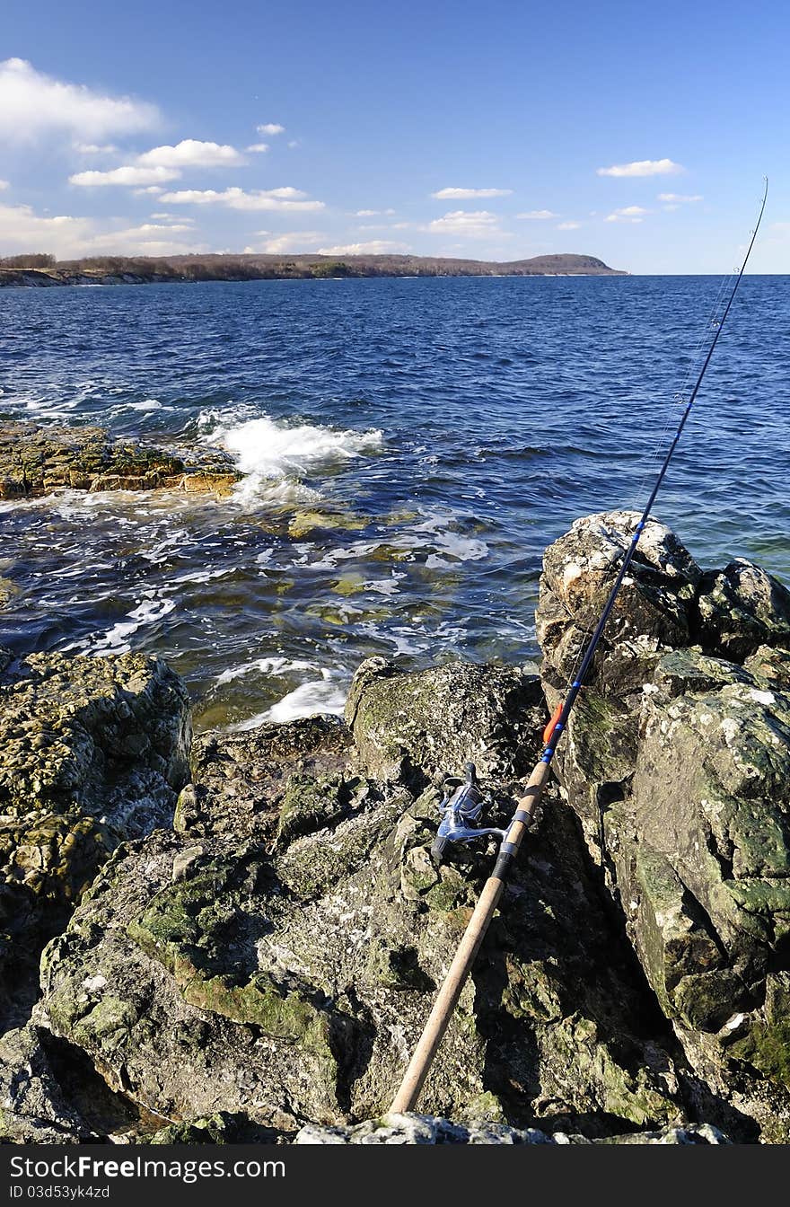 Fishing rood on rocky Swedish coast. Fishing rood on rocky Swedish coast