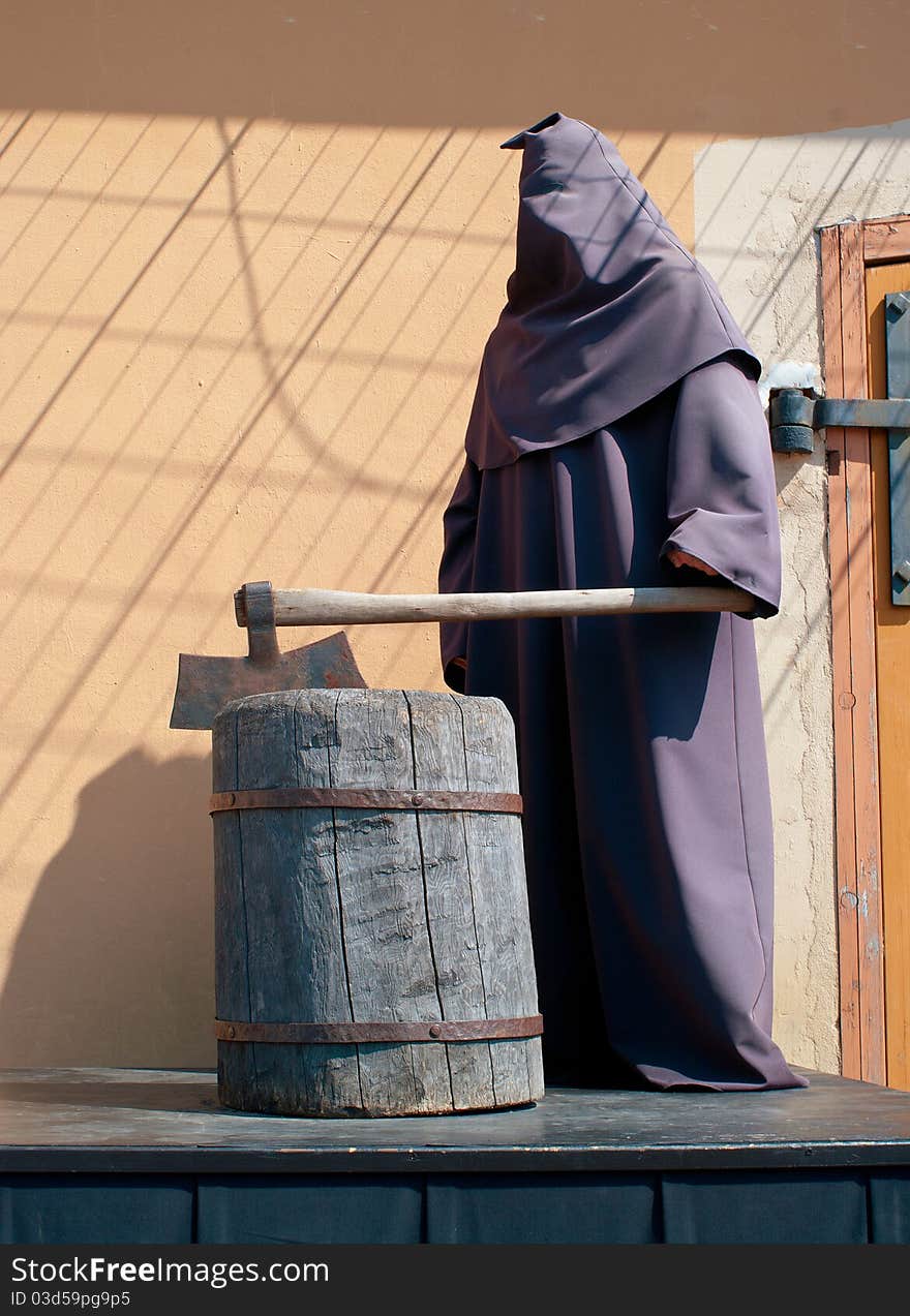 Executioner on a scaffold. Waxen figure. Shallow DOF