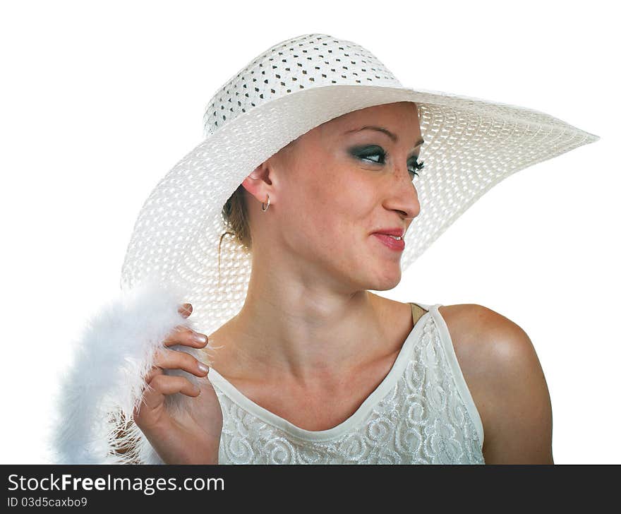 Portrait of beautiful smiling girl in white hat, dress and boa. Isolation on white background