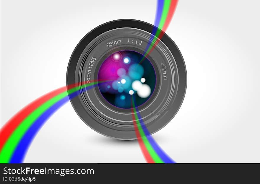 Camera lens and colorful rainbow light. Camera lens and colorful rainbow light