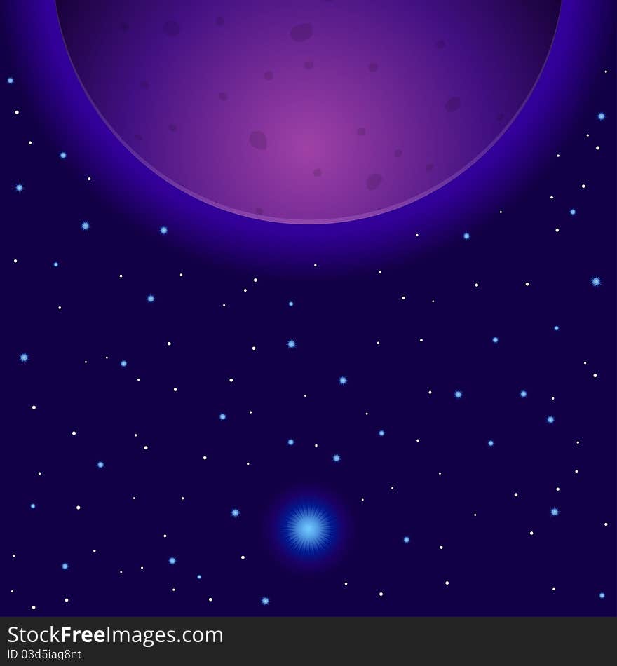 Vector fantastic background, space, violet planet and sun. Vector fantastic background, space, violet planet and sun