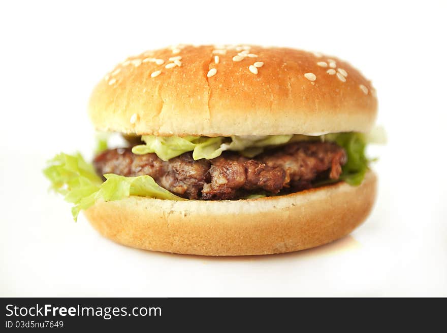 Hambureger with meat cheese and salad leaf, white background, blur. Hambureger with meat cheese and salad leaf, white background, blur