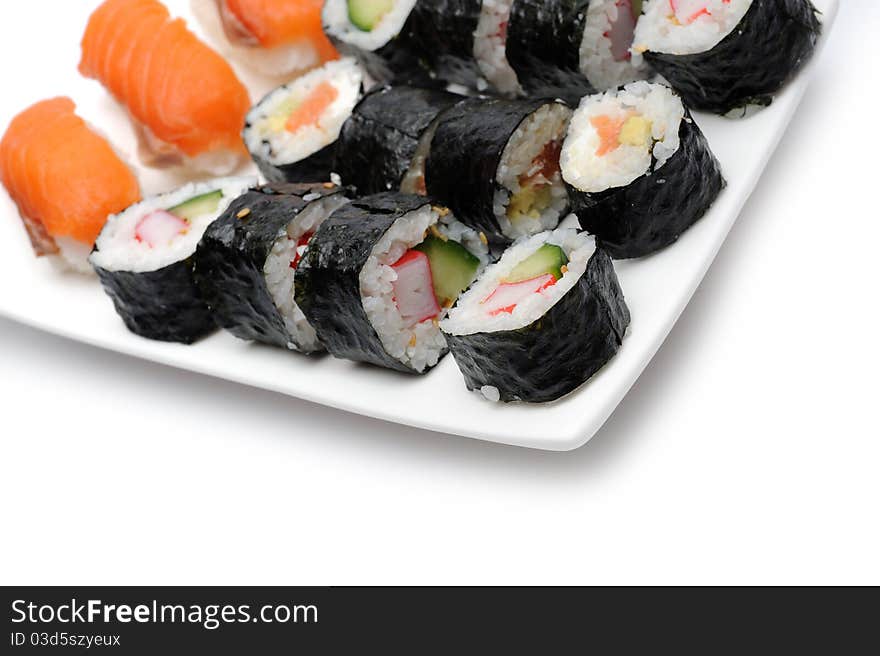 Different Types of Maki Sushi and Nigiri Sushi in Sushi Set. Different Types of Maki Sushi and Nigiri Sushi in Sushi Set