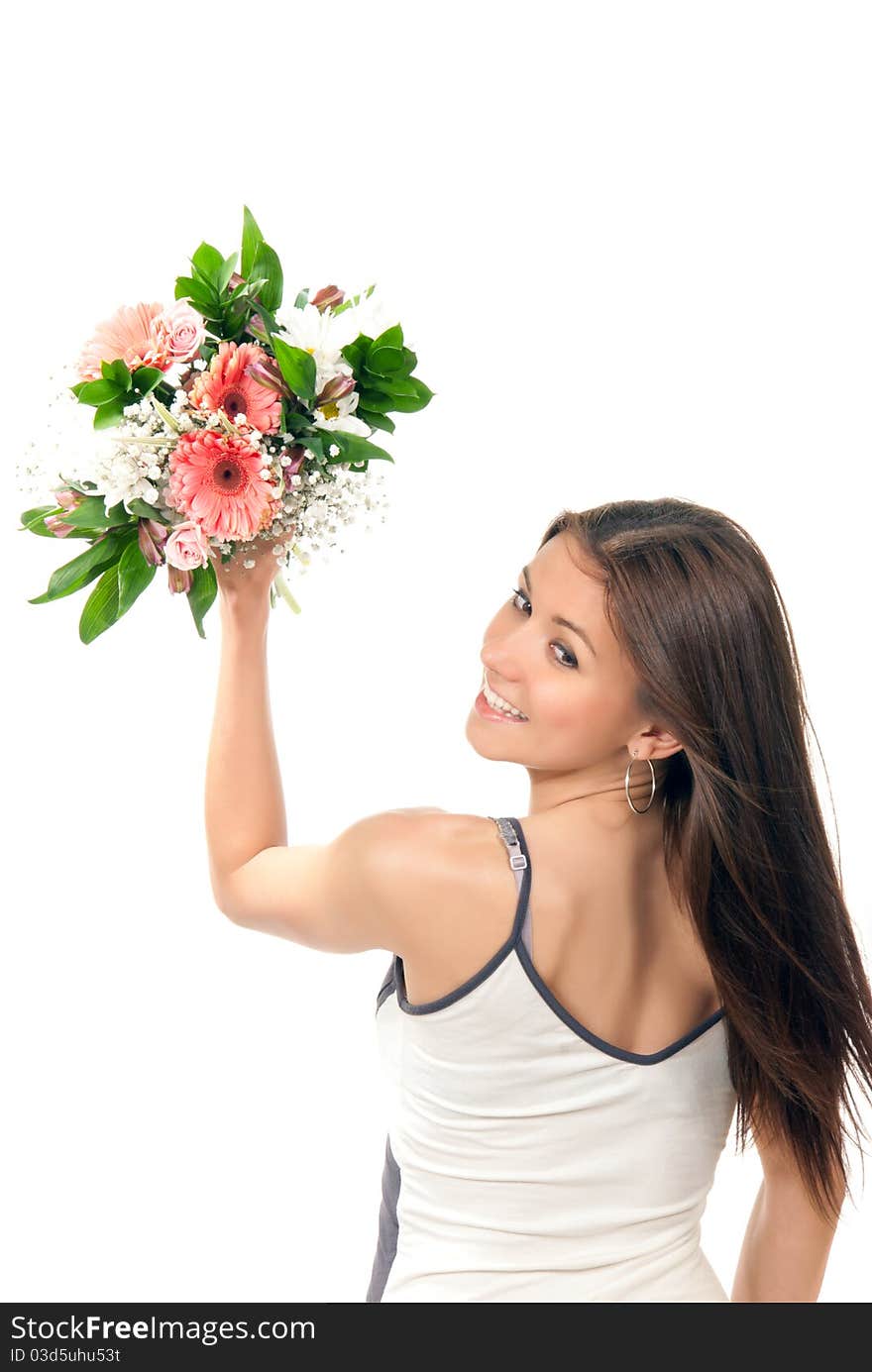 Woman hold and throw away beautiful flowers roses wedding bouquet and various shopping bags on the wrist on a white background. Woman hold and throw away beautiful flowers roses wedding bouquet and various shopping bags on the wrist on a white background.