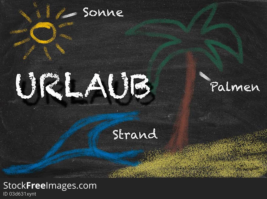 High resolution image with German chalk lettering and summer holiday related drawings. Illustration for vacation planning. High resolution image with German chalk lettering and summer holiday related drawings. Illustration for vacation planning.