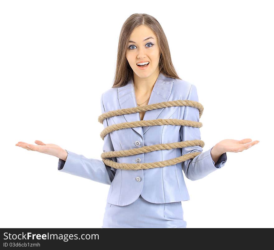 The beautiful business woman fastened by a cord