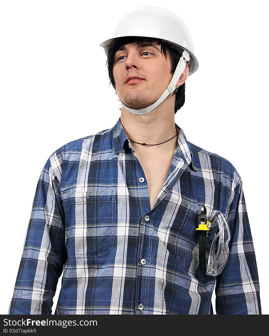 A portrait of young worker wearing protective gear. A portrait of young worker wearing protective gear