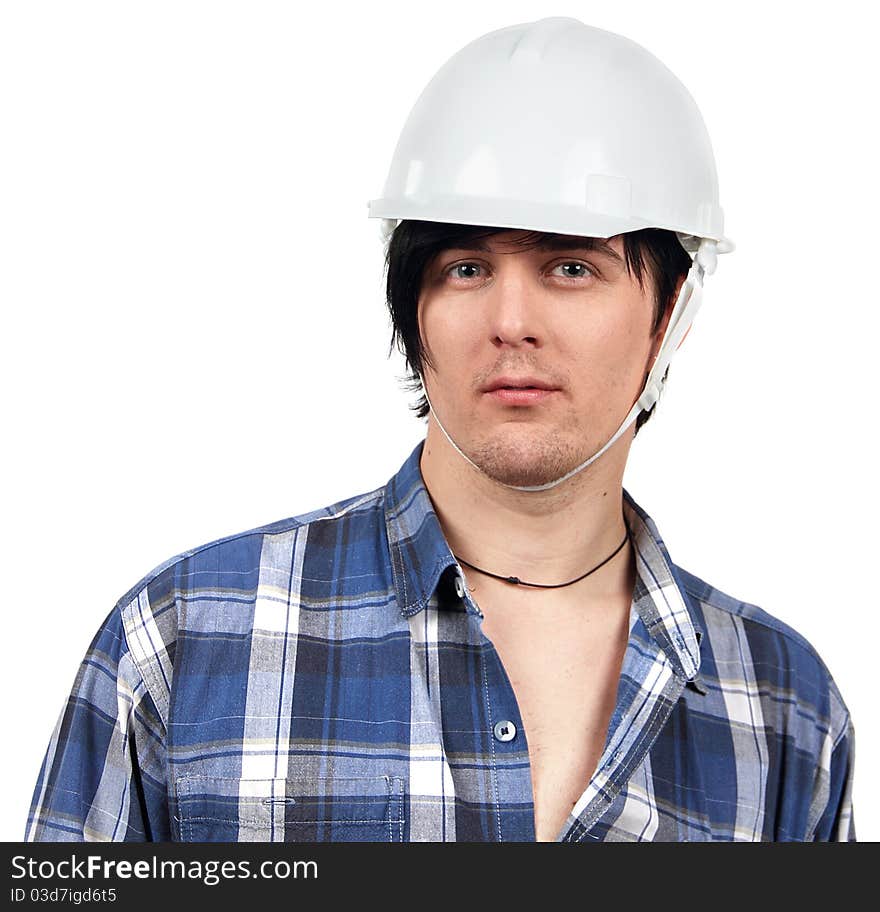 A portrait of young worker wearing protective gear. A portrait of young worker wearing protective gear