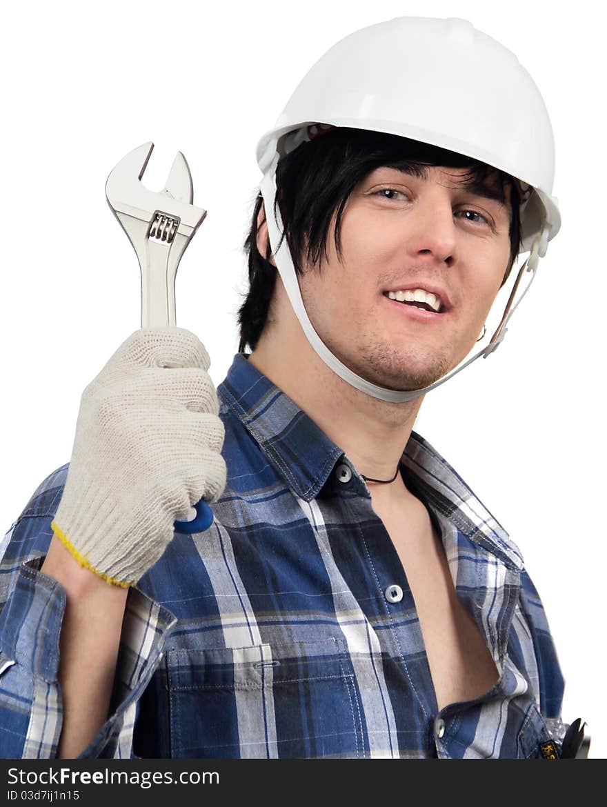 Cheerful worker with spanner in hand