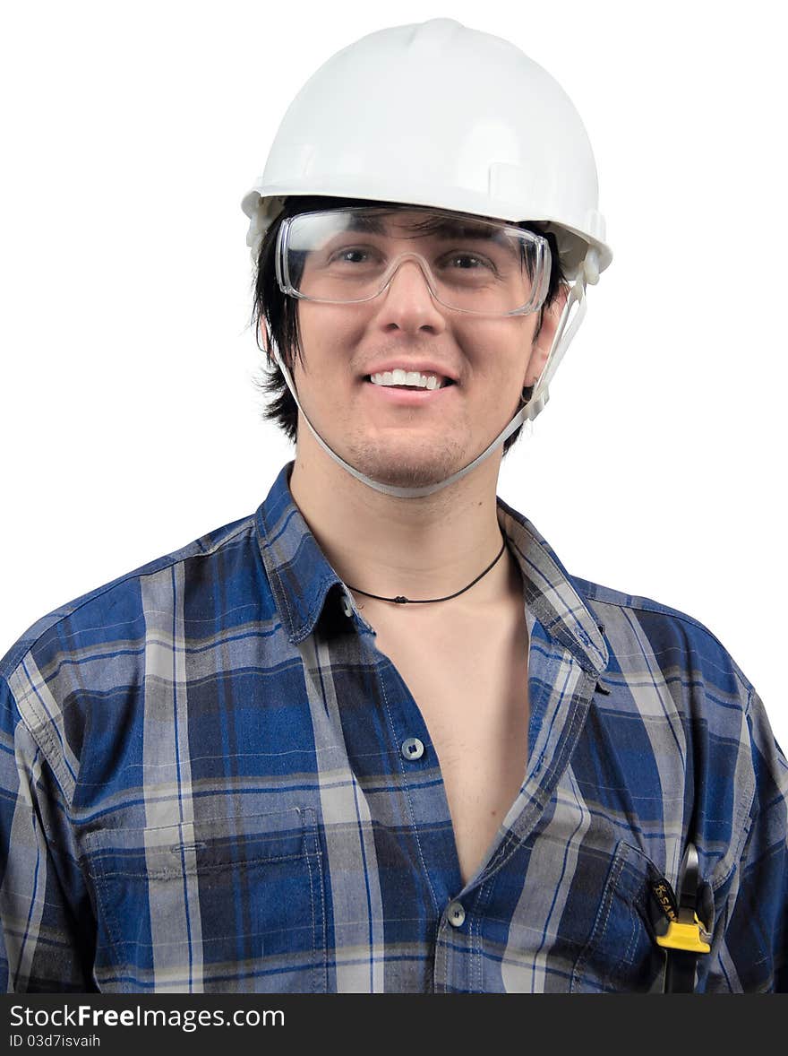 A portrait of young worker wearing protective gear. A portrait of young worker wearing protective gear