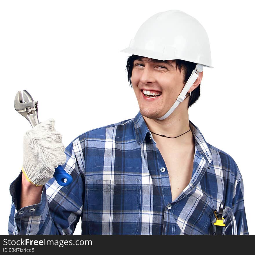 Young worker holding spanner and smiling