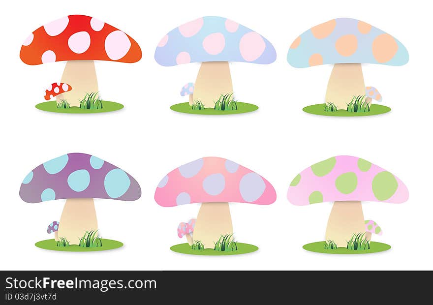 Mushroom illustration in six different colors. Mushroom illustration in six different colors.