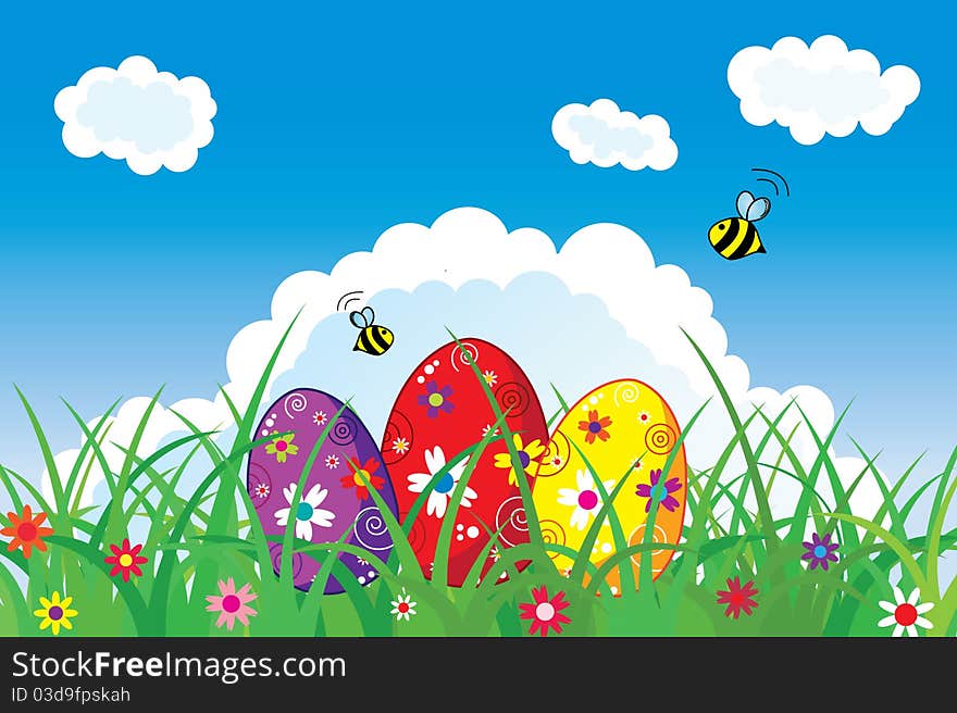 Easter postcard with colored eggs in nature